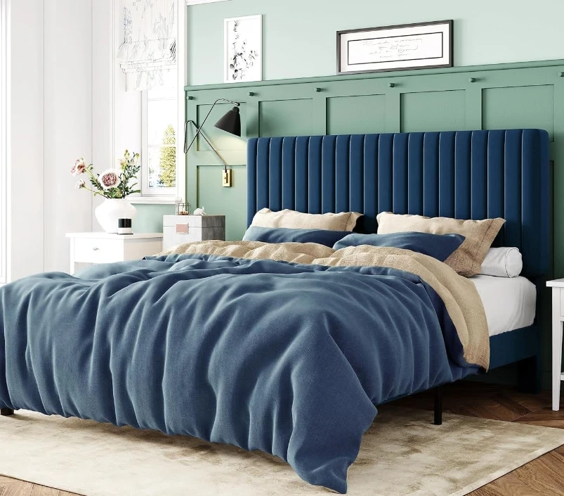 Full Bed Frame, Velvet Upholstered Platform Bed with Adjustable Vertical Channel Tufted Headboard, Mattress Foundation,Navy Blue