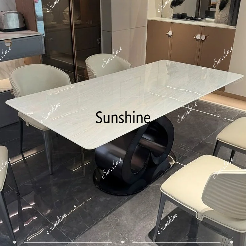 Pure natural luxury stone dining table high-end light luxury stainless steel modern marble dining table