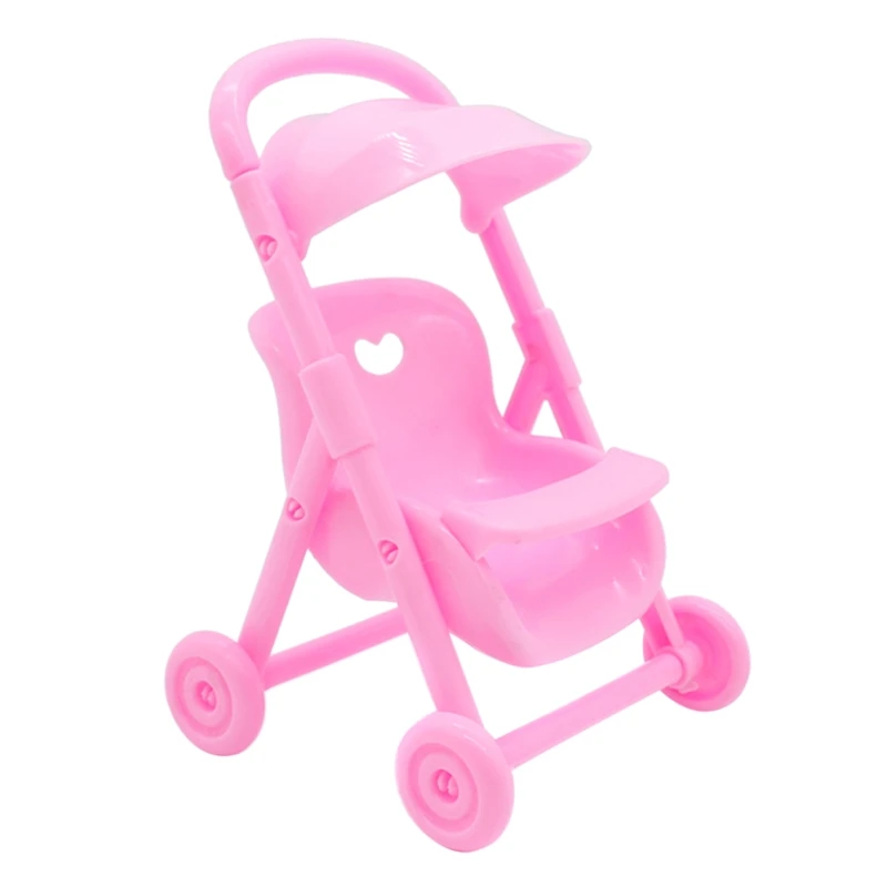 97BC Pink Mini Baby Stroller Push Car Dolls Trolley Dollhouse Bedroom Decorations Life Scenes Kids Furniture