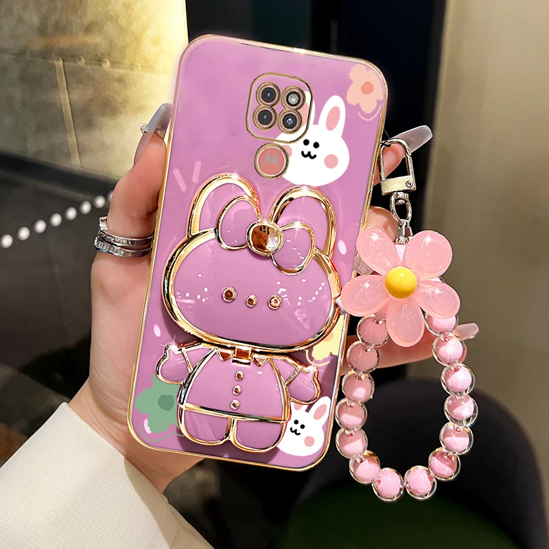 G 9 Flower Strap Makeup Mirror Rabbit Phone Holder Case On For Motorola Moto G9 Play MotoG9 G9Play MototolaG9 Girl Stand Cover