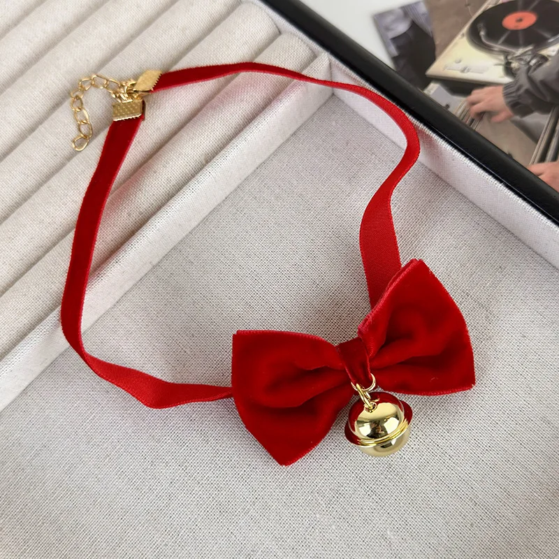 Velvet Bow Bell Choker for Women Christmas Date Night Necklace Wine Red Delicate Hypoallergenic Soft Lightweight