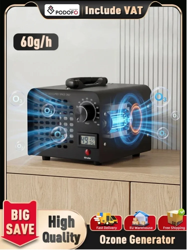 Podofo 60000mg/Stunde Ozongenerator mit 120-Minuten-Timer, Ozonmaschine für Auto, Garage, Zuhause, Küche, Gerüche, Haustierräume, Keller, Büro