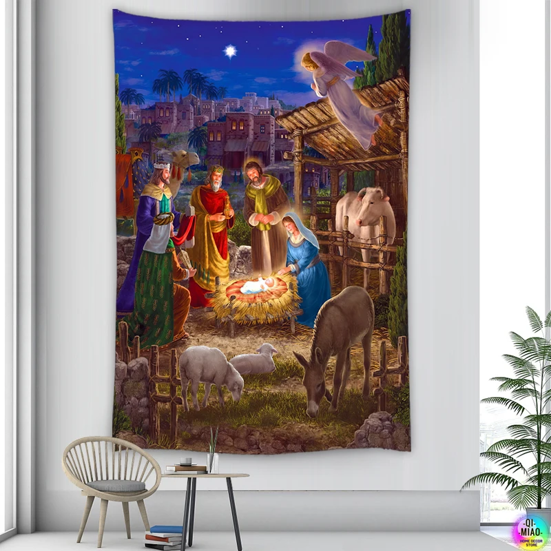 Christmas Tapestry Nativity Scene Wall Hanging Jesus Angel Easter Wall Decor Christ Tapestries Birth Manger Krippen Decoration