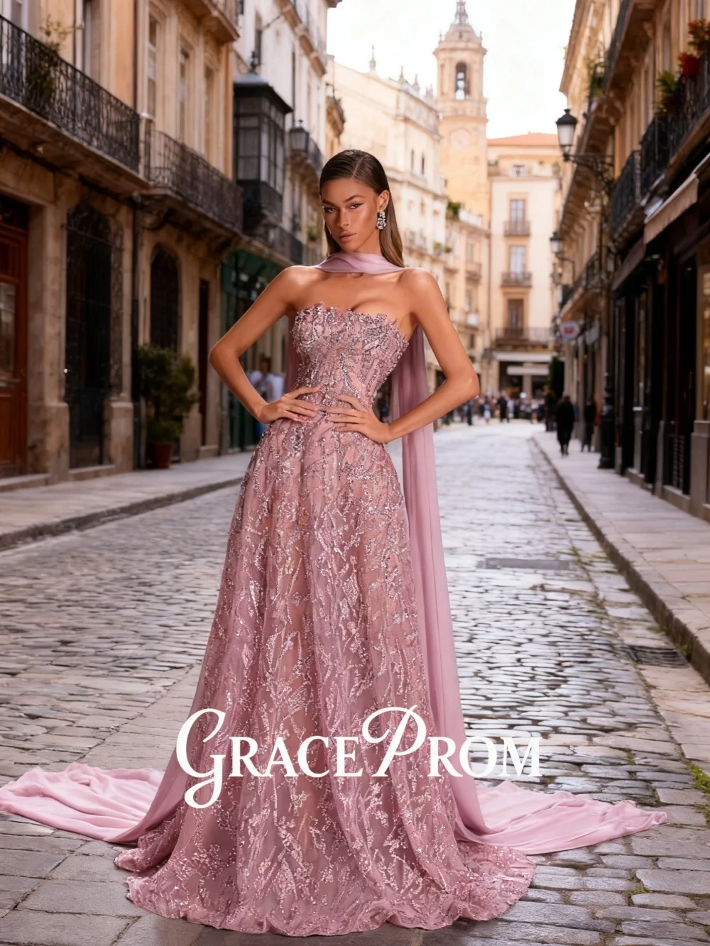 

GraceProm Lilac Sequin Evening Dress Glamorous Strapless Mesh Floor-Length Prom Gown Formal A-Line Shiny Party Gown With Shawl