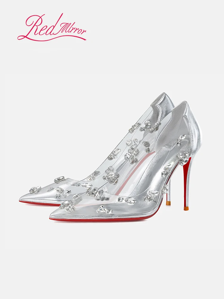 

Red sole transparent pointed head sexy female stiletto high heels wedding shoes silver rhinestone crystal fairy style new 2024