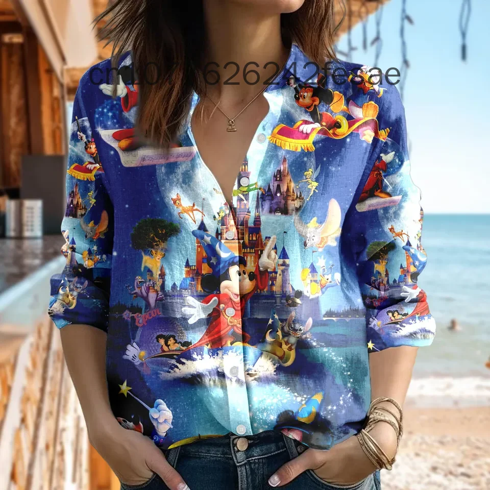 Disney Mickey Mouse Pirate Women Casual Shirt Fashion Spring And Autumn Long Sleeve Casual Shirt Autumn Elegant Shirt