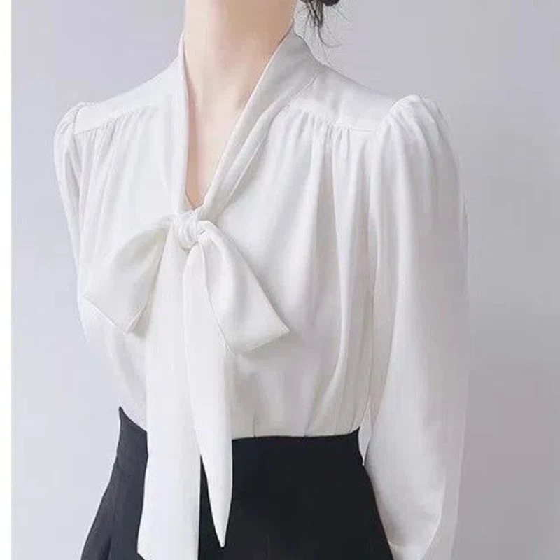 Light Luxury Mulberry Silk Satin Bow Streamer Shirt