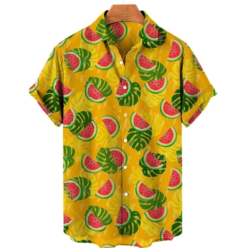 Camisas de manga curta havaianas masculinas, estampadas com frutas brilhantes, tops masculinos, confortáveis, tamanho grande, na moda