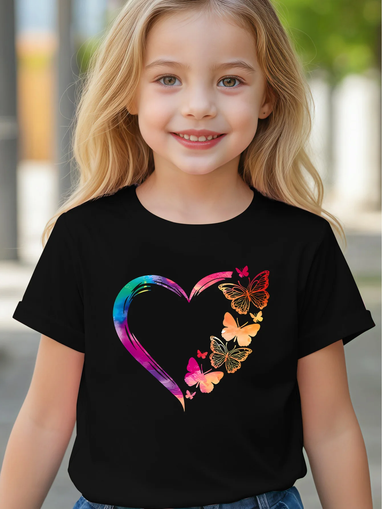 فراشة القلب طباعة الفتيات تي شيرت ملون القطن قصير الأكمام تي شيرت مضحك هدية الاطفال الملابس أزياء عارضة ملابس الاطفال #2