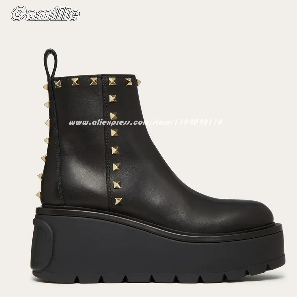 Black Metal Rivet Wedges Slip On Modren Boots Autumn New All-Match Casual Mid Calf Boots Round Toe Platform Lady Grace Boots