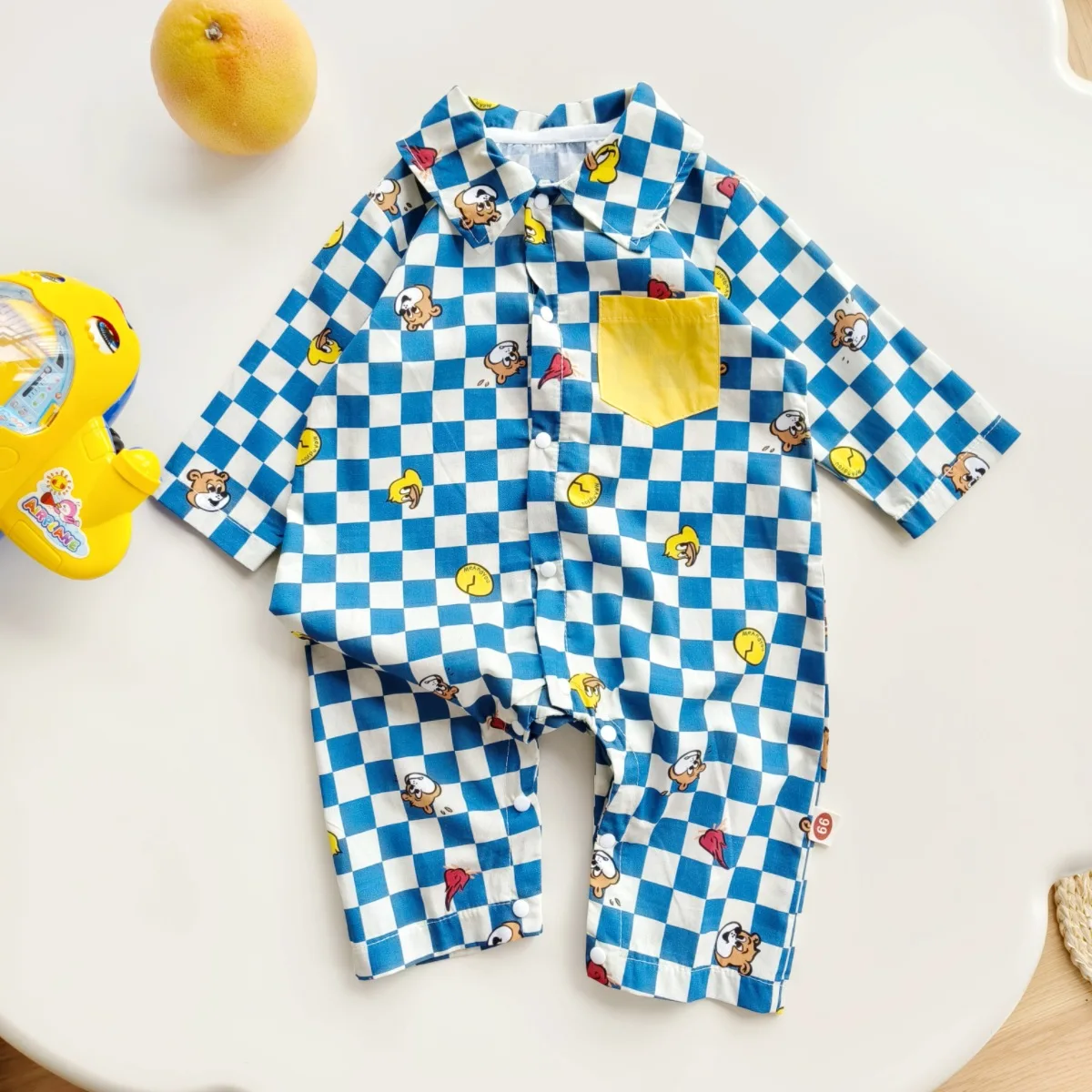 2024 Spring/Autumn New Infant Toddler Pure Cotton Grid Cartoon Printed Long Sleeve Single-Breasted Buttoned Romper