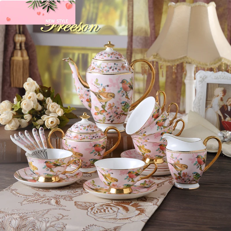 

Кофейный набор Pink Bird Bone China, фарфоровый чайный сервиз, усовершенствованный керамический горшок, кружка, сахарница, сливочник, чайник, кувшин для молока, чайный набор, набор чашек для чая