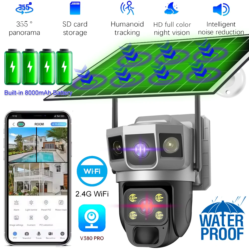 

Солнечная наружная камера наблюдения с двумя объективами, тройной мониторинг, PIR, обнаружение гуманоидов, умный дом, CCTV, Wi-Fi камеры безопасности