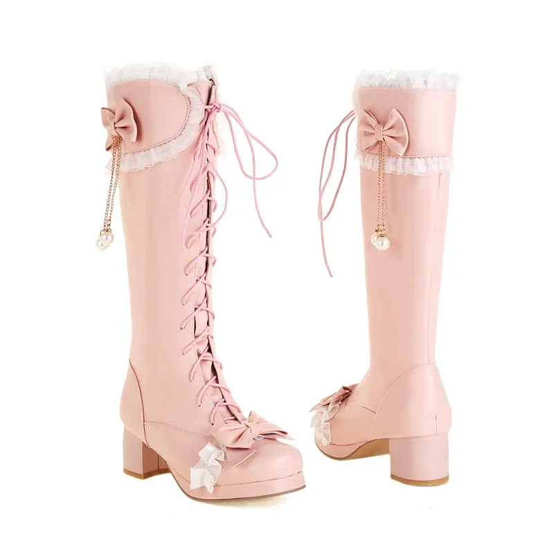 Fashion Princess Lolita Wedding Party Platform Shoes Cross Tied Bow Design White Pink Mid Heels Boots Female Lace Edge