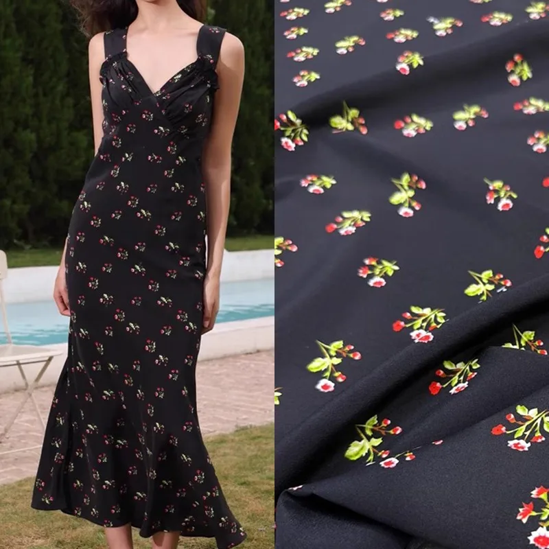 

Маленькая черная шелковая крепдешинная ткань с цветочным принтом для шитья платья своими руками, юбки, брюк, пижамы, эластичная шелковая ткань из спандекса R2542