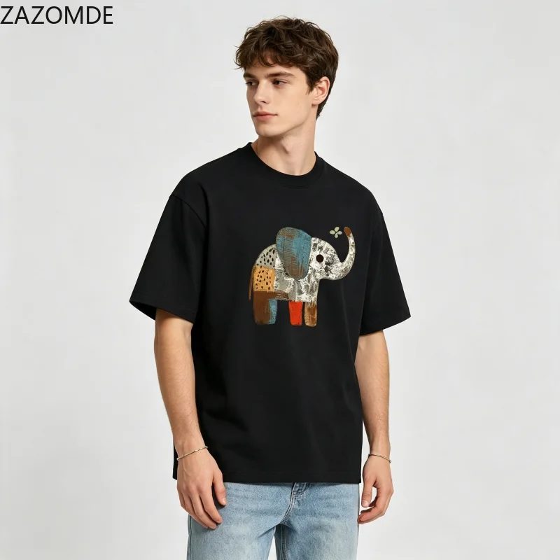 ZAZOMDE Trendy Simple Front Print T-shirt Retro Hand Drawn Color Block Elephant Short Sleeve Loose Unisex Summer Street Tees