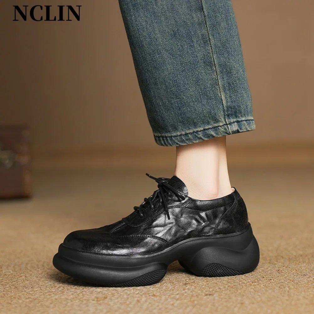 

2025 Women Loafers Shoes Genuine Leather Thick Heels Student Shoes Female Lace Up British Style Lady Oxford Shoes Footwea