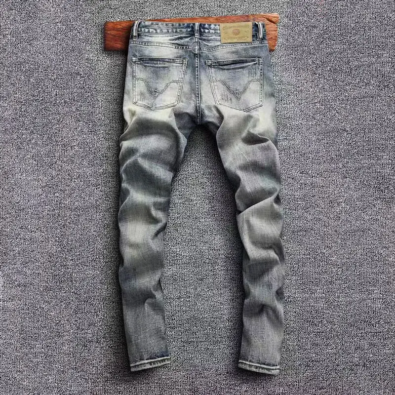 Fashion Streetwear Men Jeans High Quality Retro Washed Blue Stretch Slim Fit Ripped Jeans Men Vintage Designer Denim Pants Homme