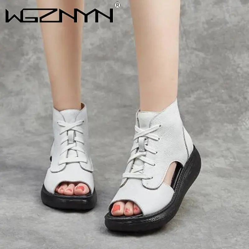 2023 NEW Summer National Style Retro Sandals Thick High Heels Peep Toe Genuine Leather Women Roman Sandals Ladies Short Boots