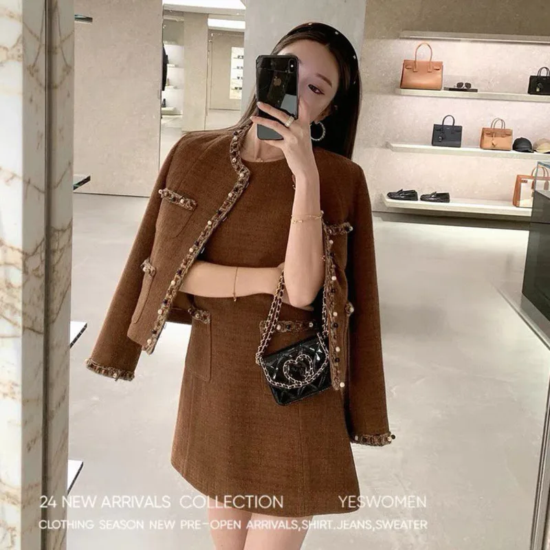 2024 autumn winter Two Piece Set Women Tweed Jacket Coat + Dress Luxury 2 piece sets women outfit conjuntos femininos elegantes