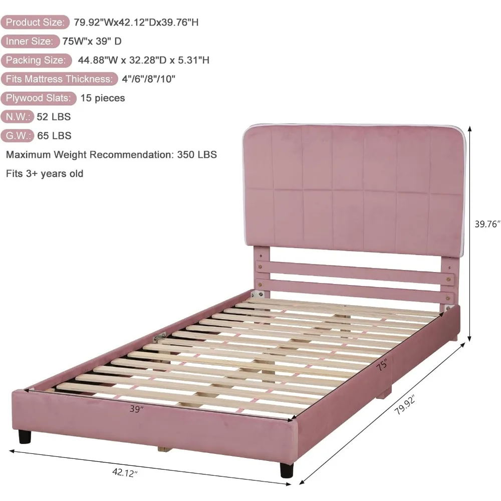 Children’s Twin Bed Frame,Adjustable Height Headboard Kid's Bed, Wooden Slat Base Toddler Bed Frame(75