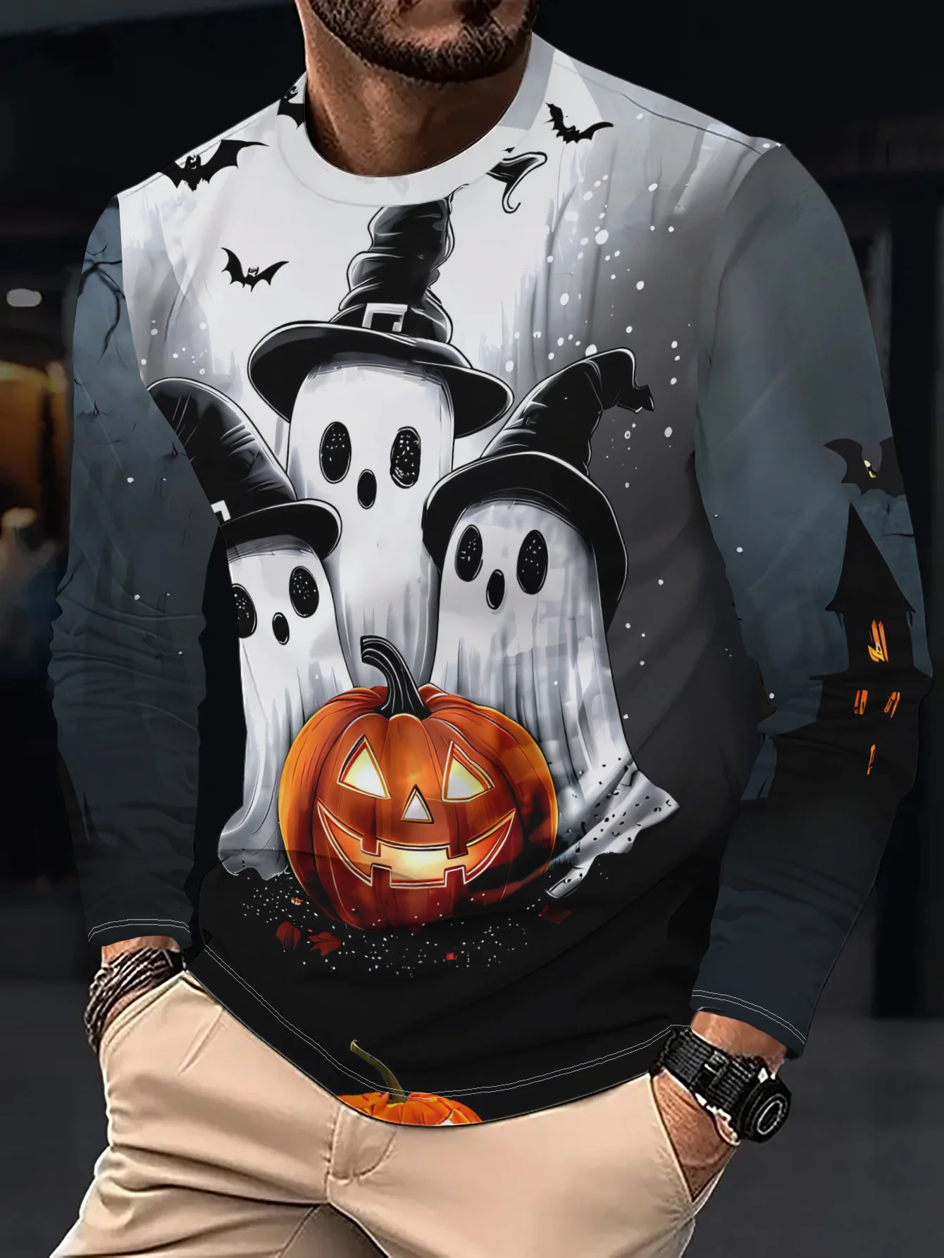 Men's Long Sleeve T‑Shirt Cute Ghost Witch Hat Pumpkin Bat Print Crew Neck Halloween Party Casual Streetwear Top