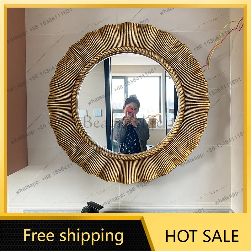 LJY Round European American Sunflower Pattern Wall Mirror for Living Room Entryway Bathroom Decor Framed Vanity Mirror