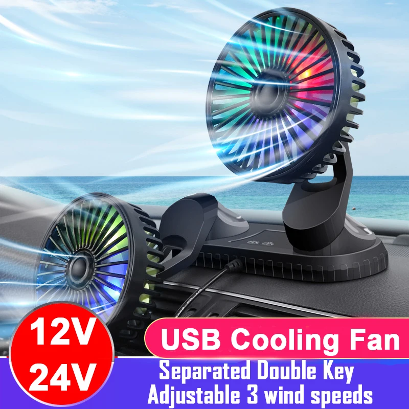 

12V 24V USB Cooling Fan Car Fan for Dashboard Air Circulation Fans Three Speed Summer Eletric Double Head Fans Stand