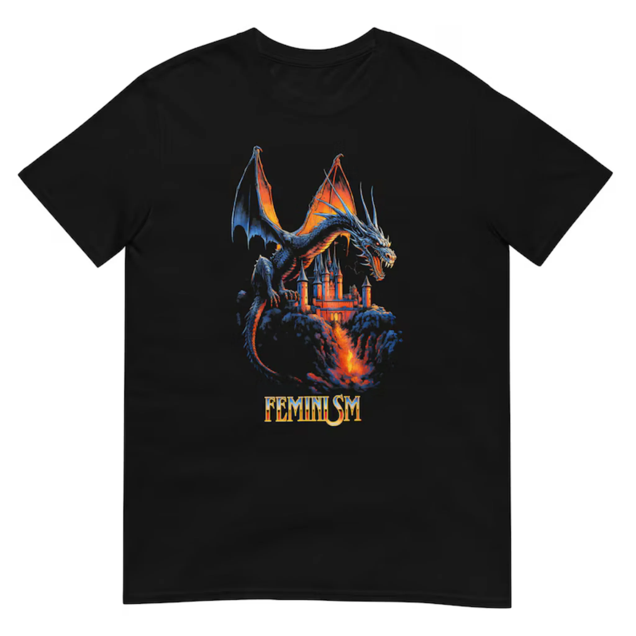 Women Dark Fantasy Tee Fire Dragon Castle Retro Feminism Letter Print Short Sleeve T-Shirt