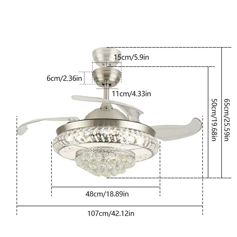 Imagem -04 - Modern Retrátil Cristal Luz Ventilador de Teto Controle Remoto Lâmpada Led Chandelier Cores 36 42