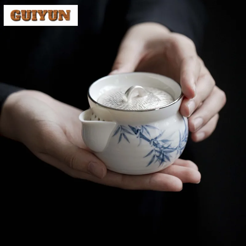 

150ML Hand Drawn Blue And White Bamboo Gilt Silver Teapot Aesthetic Tea Infuser Pot Tea Maker Kettle With Ball Hole Cha Craft