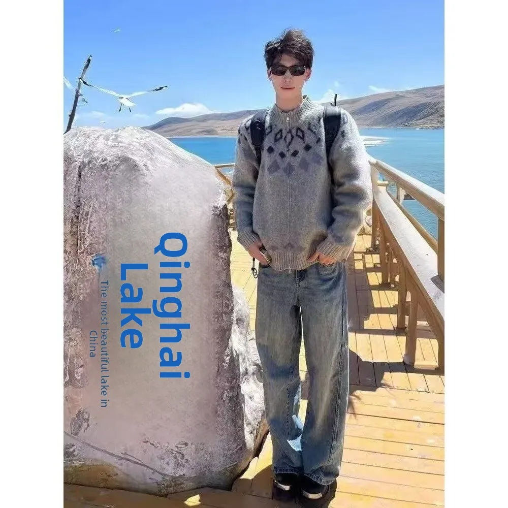 

Осень-зима, вязаный кардиган с v-образным вырезом, мужской цветной повседневный свободный крой, длинная верхняя одежда на молнии све