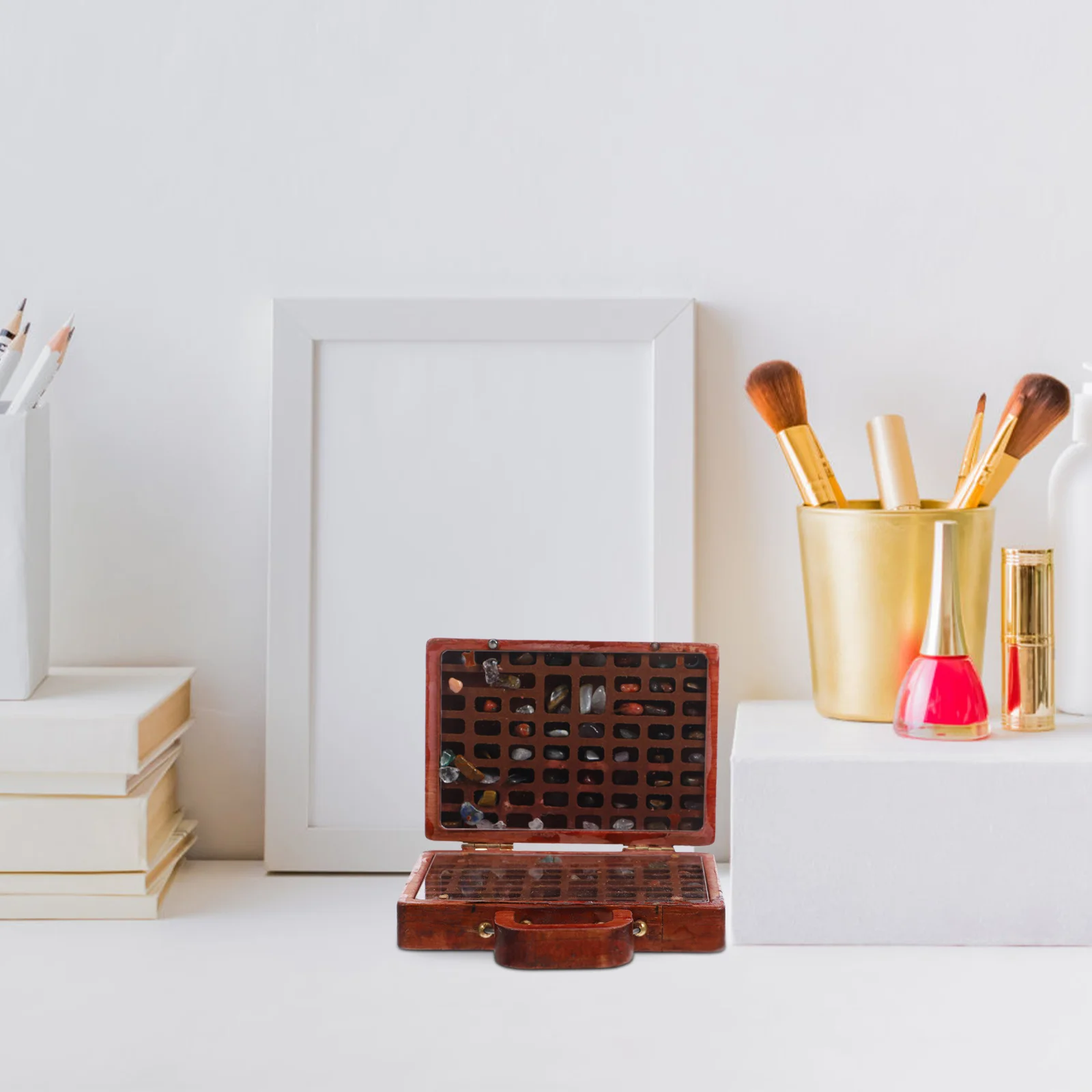 Wooden Stone Collection Box Rock Organizer Compartment Display Case for Storing and Displaying Crystals Minerals Collectibles