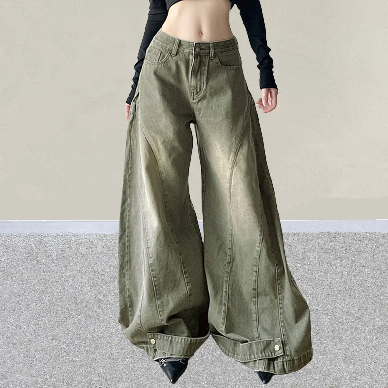

2025 Cyber Y2K Fashion Vintage Green Baggy Stacked Flare Jeans Pants For Women Clothing Wide Leg Lady Trousers Pantalon Femme