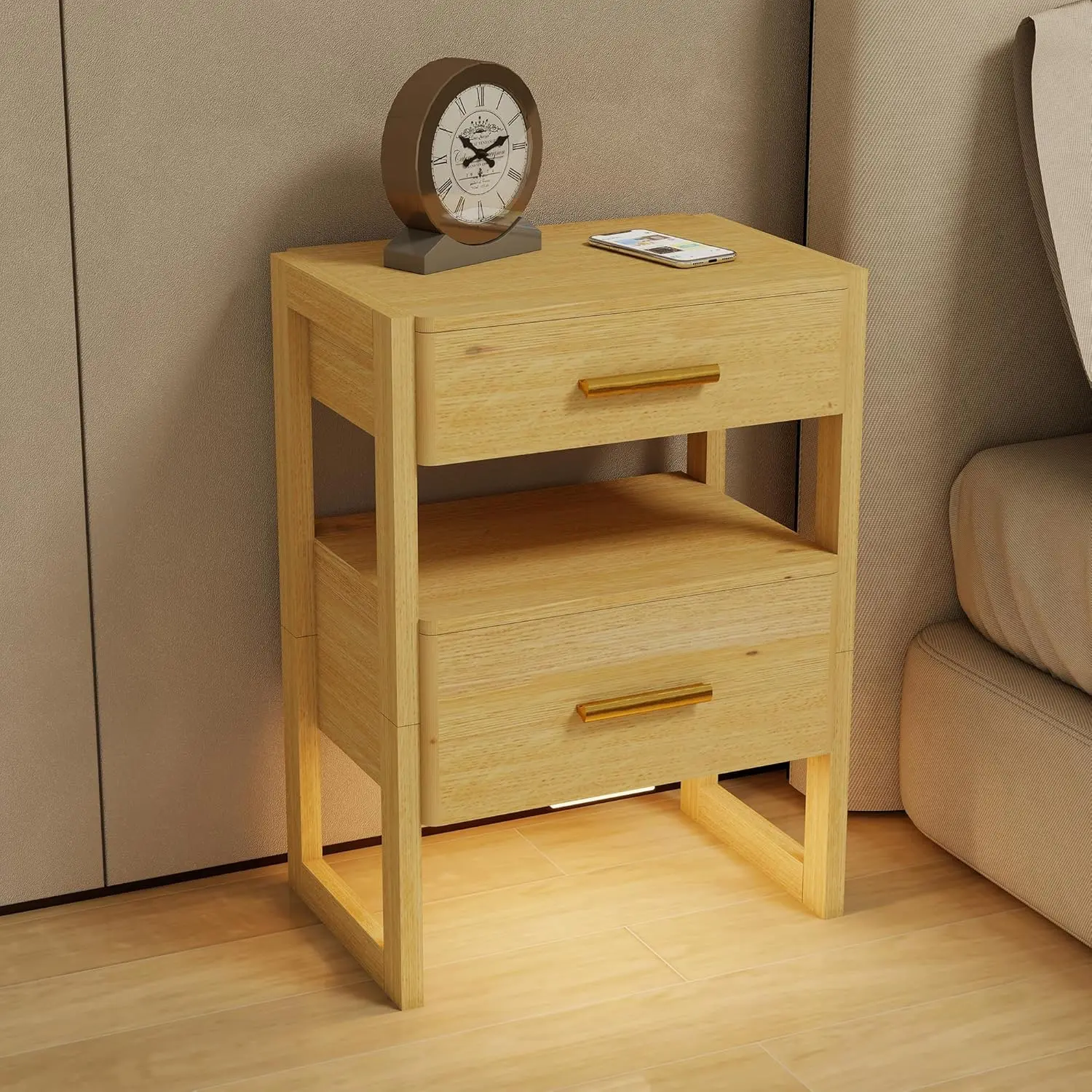 

Solid Wood Nightstand Night Stand With Sensor Night Light & Storage Drawer, Wooden Bedside Table Modern Bedside Cabinet