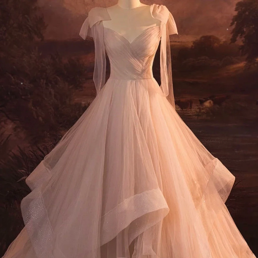 Robe de Bal de Luxe Rose Nude avec Ruban, Col en V, à Volants, en Fibre Plissée, Ligne A, lèvent en Tulle, ixde Mariage, Célébrité, Quelle que soit la Nouvelle