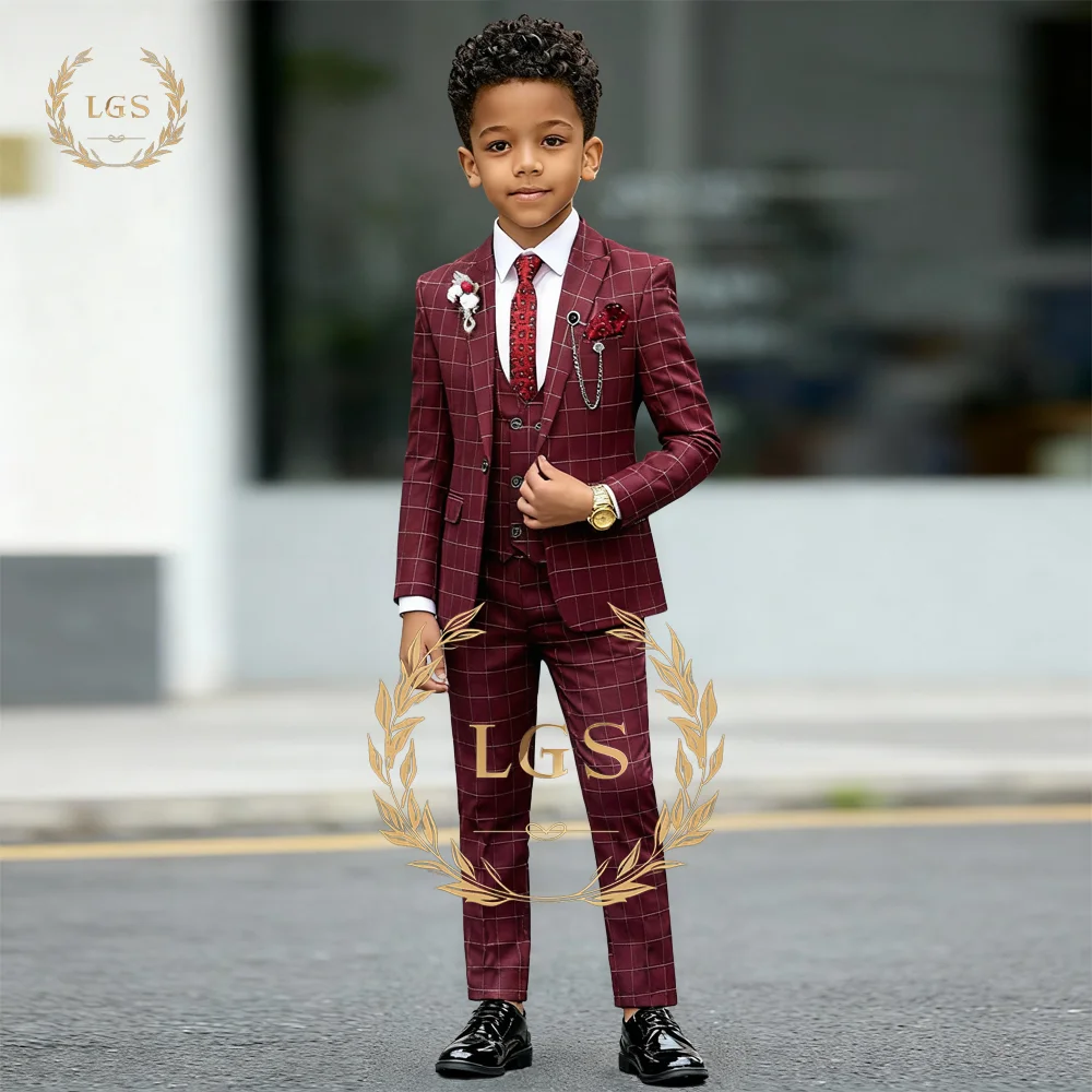 

Elegant Boys' 3 - Piece Checkered Suit: Blazer, Vest & Trousers for Church Events, Graduation Ceremonies and Formal Parties