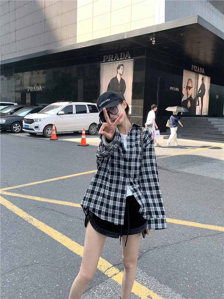 

Классическая свободная женская верхняя одежда в клетку, уличный стиль, длинный рукав, дышащий, для весны, осени и зимы, модный топ