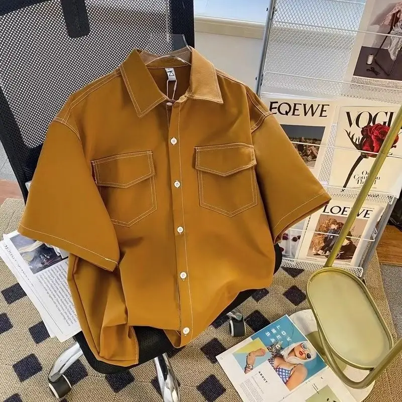 Loose Fit Men's Short Sleeve Shirt Sharp Collar Summer Casual Style Youth Popular Basic Material Non-iron Regular Thickness
