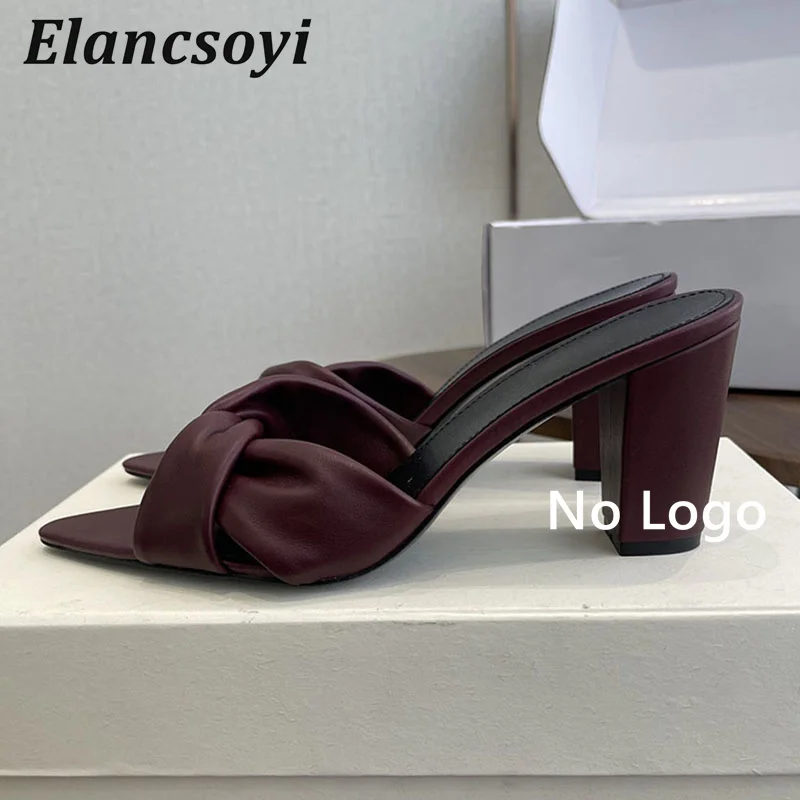 Slippers Women's Twisted Square Toe Leather Coarse Heel Sandals Summer Versatile Office Commuter Solid Color High Heel Sandals