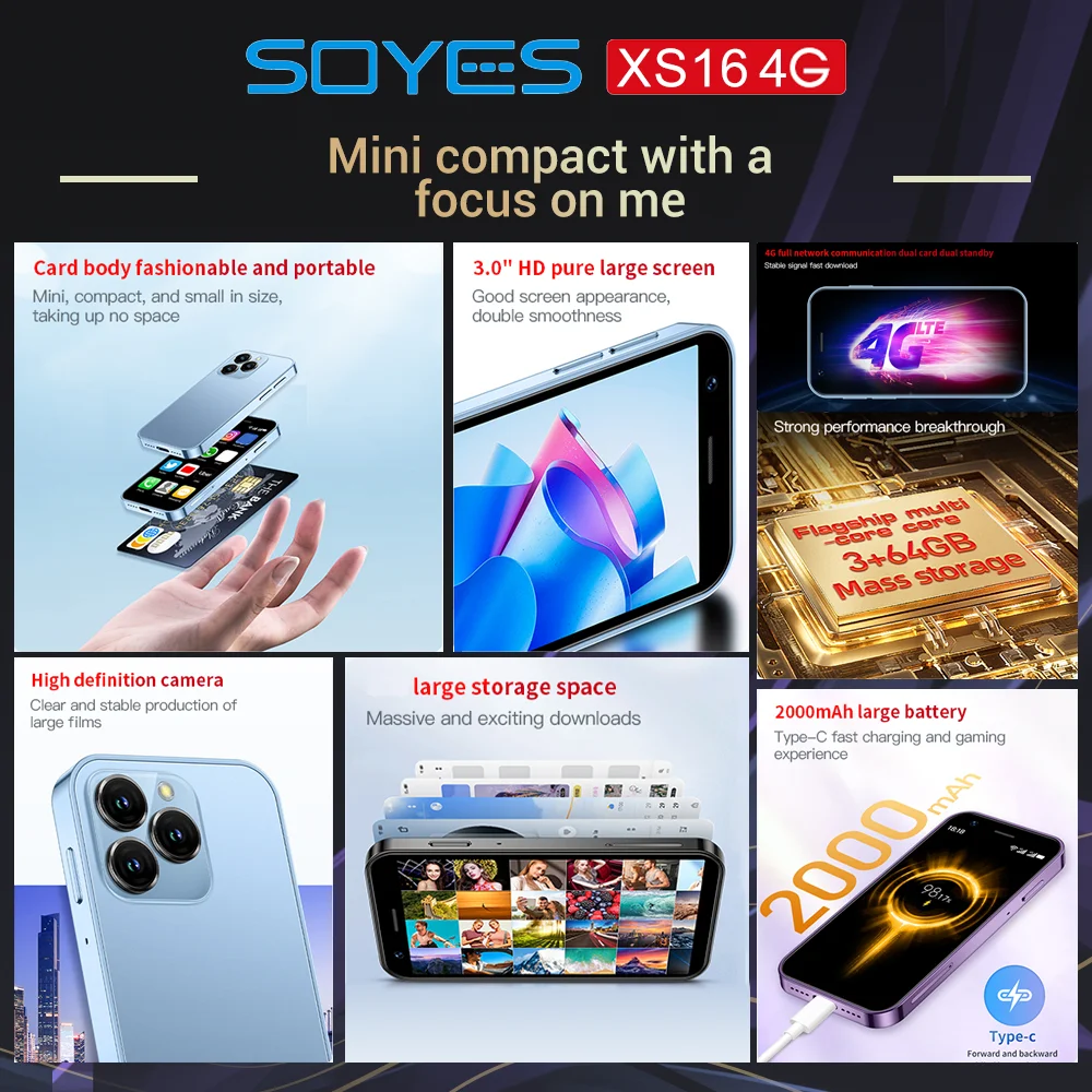 SOYES XS16 Mini 4G LTE Android10.0 Smartphone 3GB RAM 64GB ROM 3 "Display 5MP Camera Dual SIM Met Play Store WhatsAPP