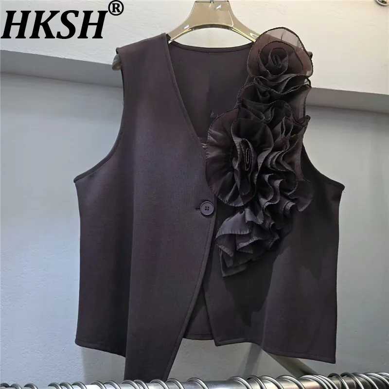 

HKSH весна осень новый женский жилет с v-образным вырезом на одной пуговице трехмерный цветок французский жилет без рукавов модное пальто HK136