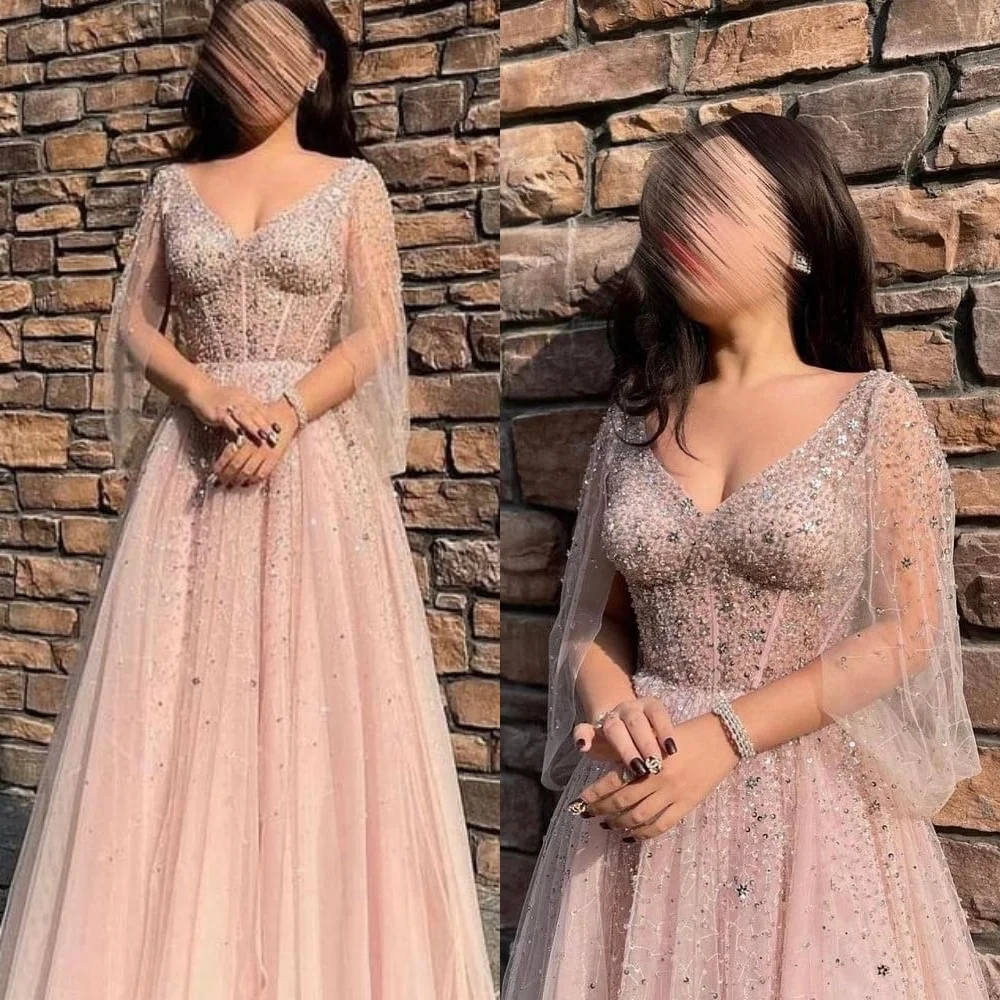 

Customized Exquisite Cap Sleeve 3/4 Sleeves Evening Dress High Quality Tulle Prom Dresses Temperament Bridal Party Gowns