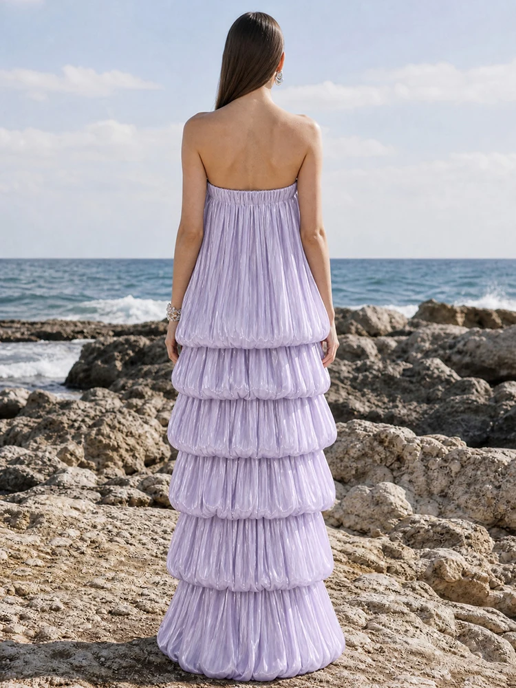 VC Lavender Strapless Tiered Ruffle Maxi Dress Women Shiny Pleated Chiffon Layered Long Evening Gown Beach Formal Dress