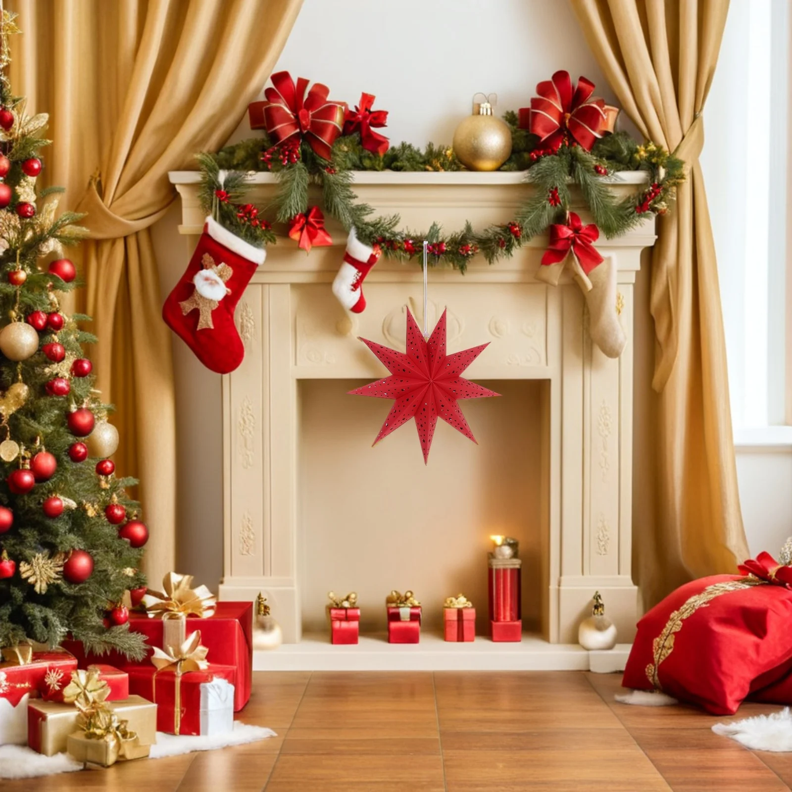 فوانيس نجمة ورقية مضيئة ثلاثية الأبعاد مكونة من 9 نقاط: غطاء مصباح معلق مجوف لعيد الميلاد وحفلات الزفاف والديكور الداخلي والخارجي،