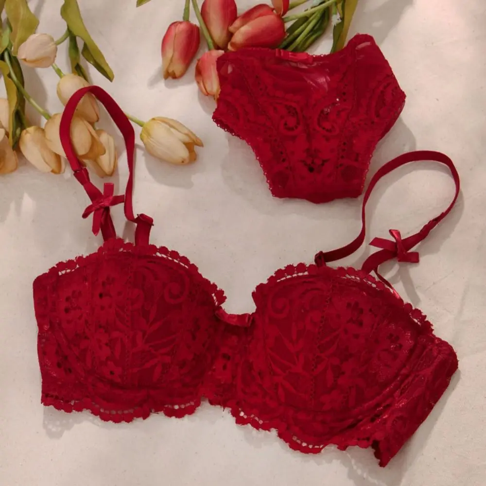 

Breathable Mesh Flower Wireless Deep V Bra Bowknot Anti-sagging Lace Bra for Women Adjustable Shockproof Push Up Underwear Gifts