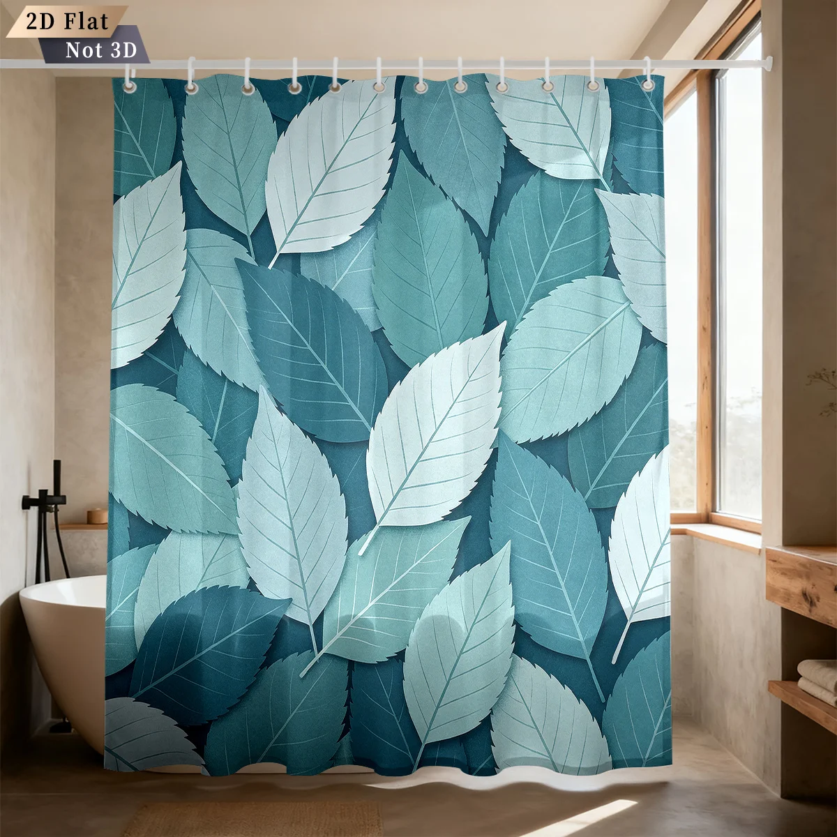 Layered Multi‑Tone Teal Green Leaf Botanical Repeating Pattern Bath curtain, Cozy Soft Warm  for Bedroom