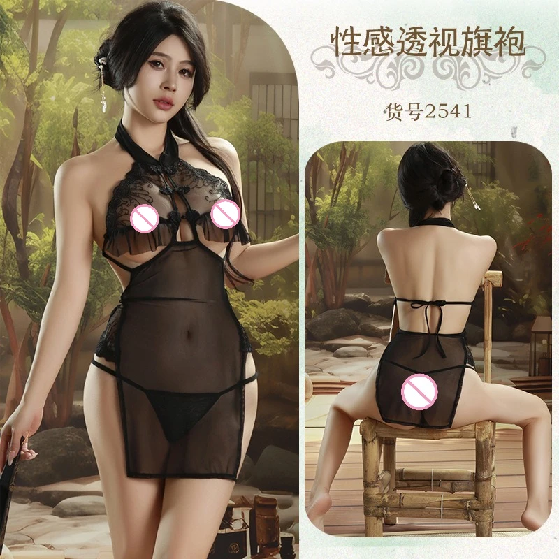 

Plus Size Sexy Lingerie Qipao Dress Women Mesh Sheer Chinese Cheongsam Anime Cosplay Babydoll Hollow Chest High Split Nightgown
