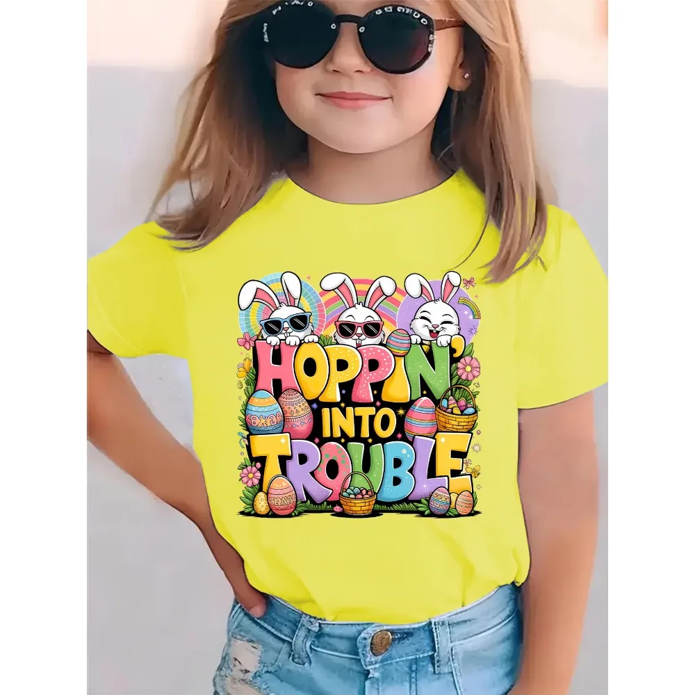 T-shirt d'été en coton pour enfants, imprimé lapin 67, œuf de pâques, décontracté, à manches courtes, vêtements pour enfants, dessin animé