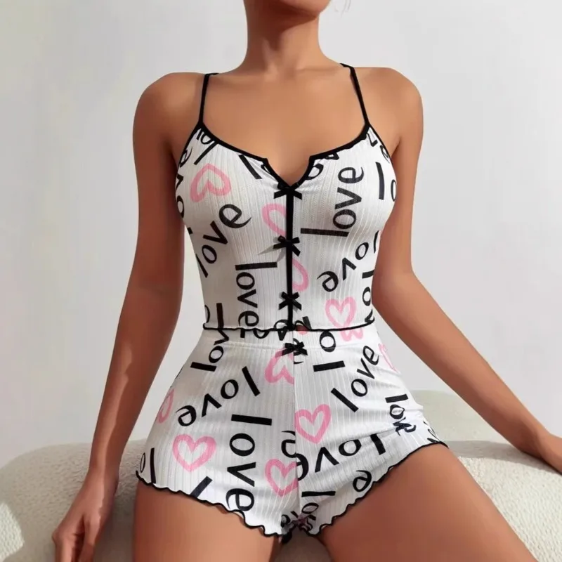 2025 New Product - Heart-shaped Printed Color-Contrasting Sleepwear Set with Open Front Skirt and Strapless Front Panels  Corset
